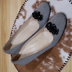 Faconnable Italy Black White Herringbone Embellished Heels Size 9.5